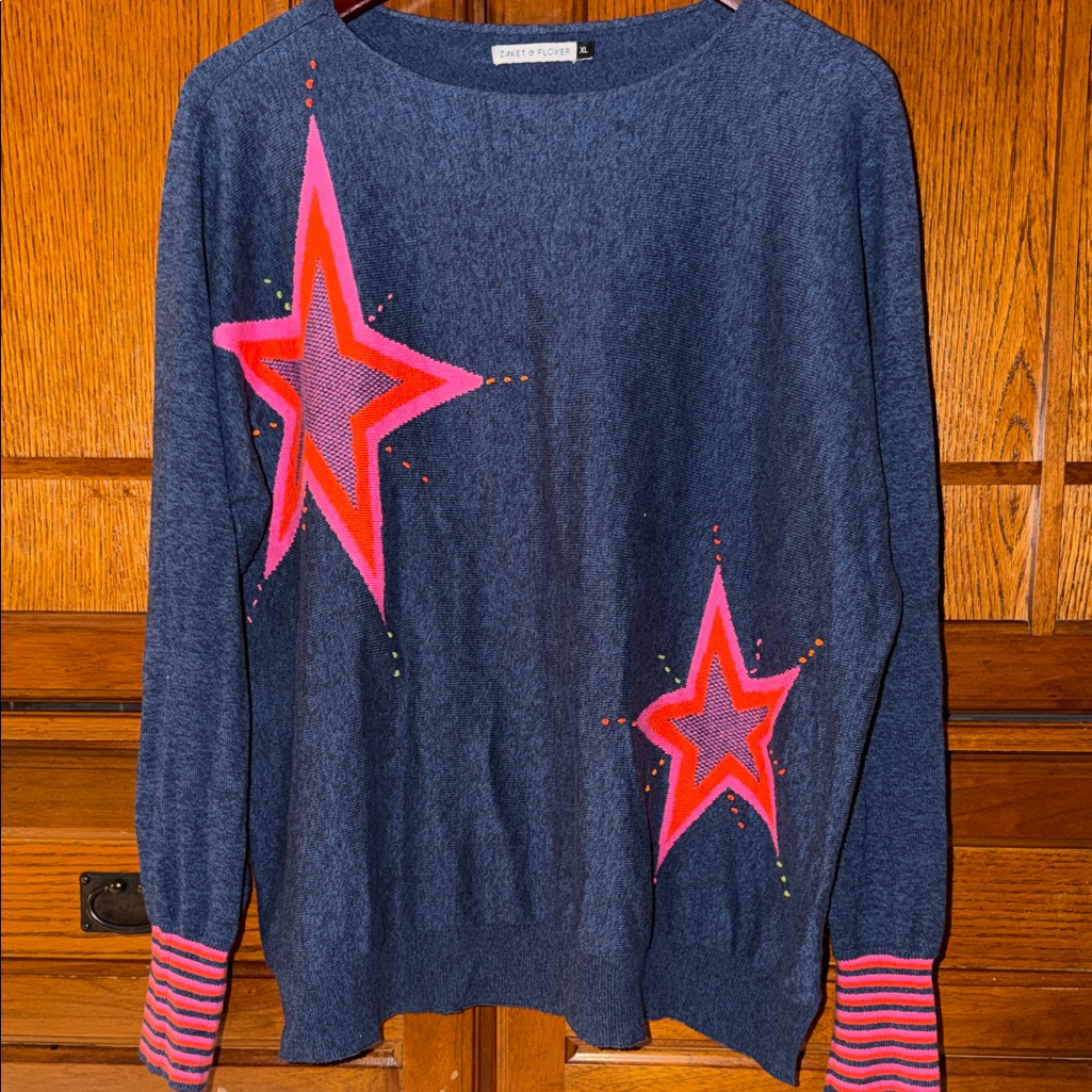 Zaket & Plover Cashmere Intarsia Star Sweater Boatneck Retro Pop-Art Dark Denim